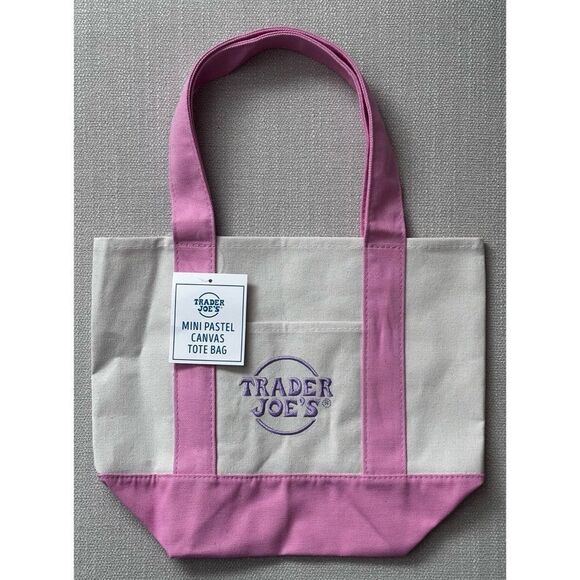 SET OF 4- TRADER JOE’S MINI PASTEL CANVAS TOTE BAGS- Pink/Purple/Green/Blue - Picture 3 of 6